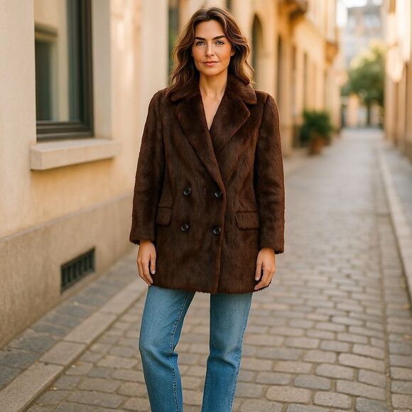Brown Fur Coat with 4 Buttons Fit and Collar - Picture 1 of 8